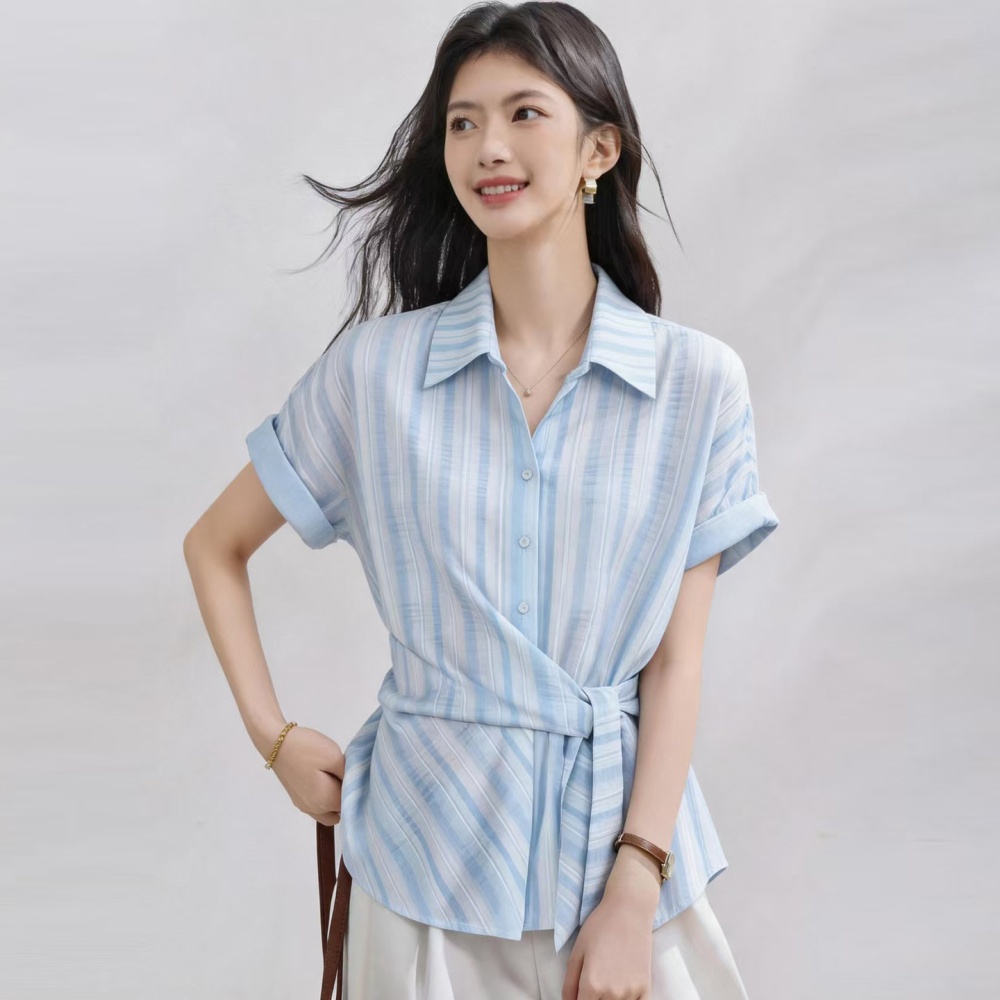 Retro slim tops summer vertical stripes shirt for women