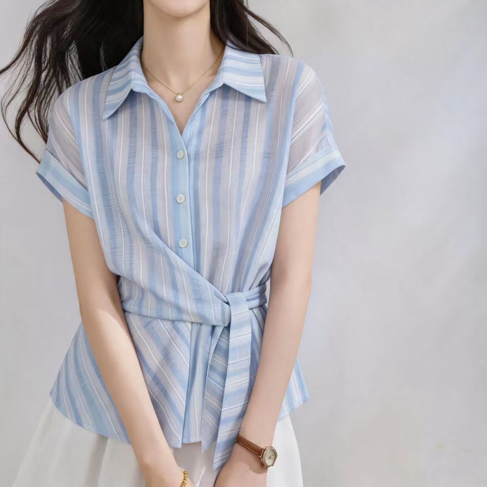 Retro slim tops summer vertical stripes shirt for women