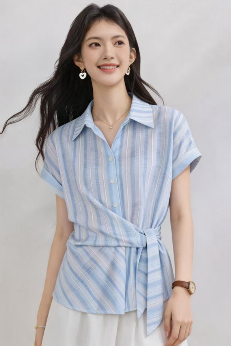 Retro slim tops summer vertical stripes shirt for women
