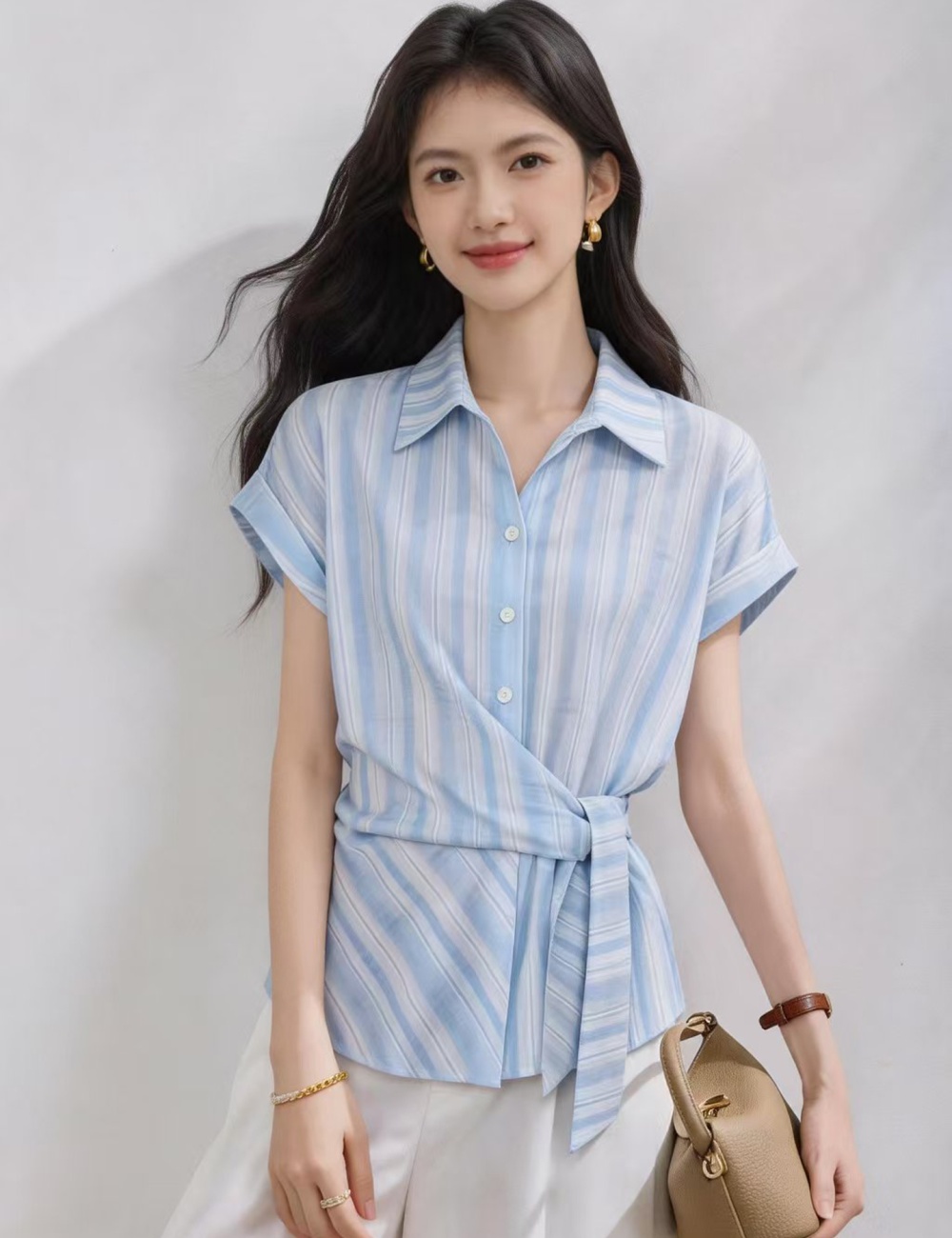 Retro slim tops summer vertical stripes shirt for women