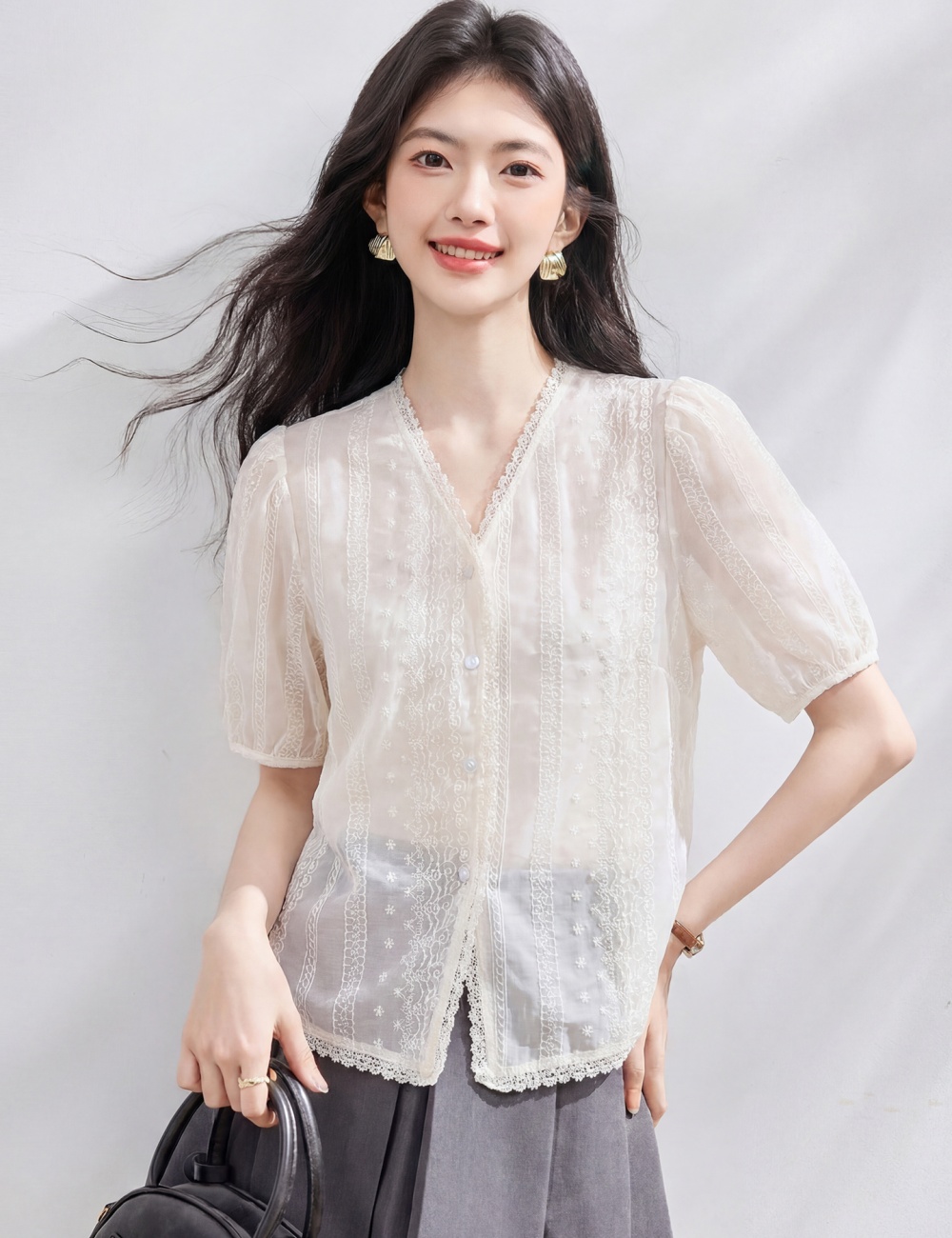 All-match V-neck shirt summer Korean style tops for women