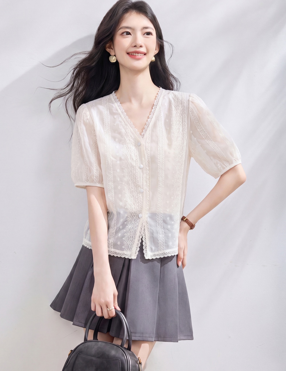 All-match V-neck shirt summer Korean style tops for women