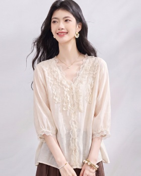 V-neck fungus summer small shirt long sleeve lace tops for women