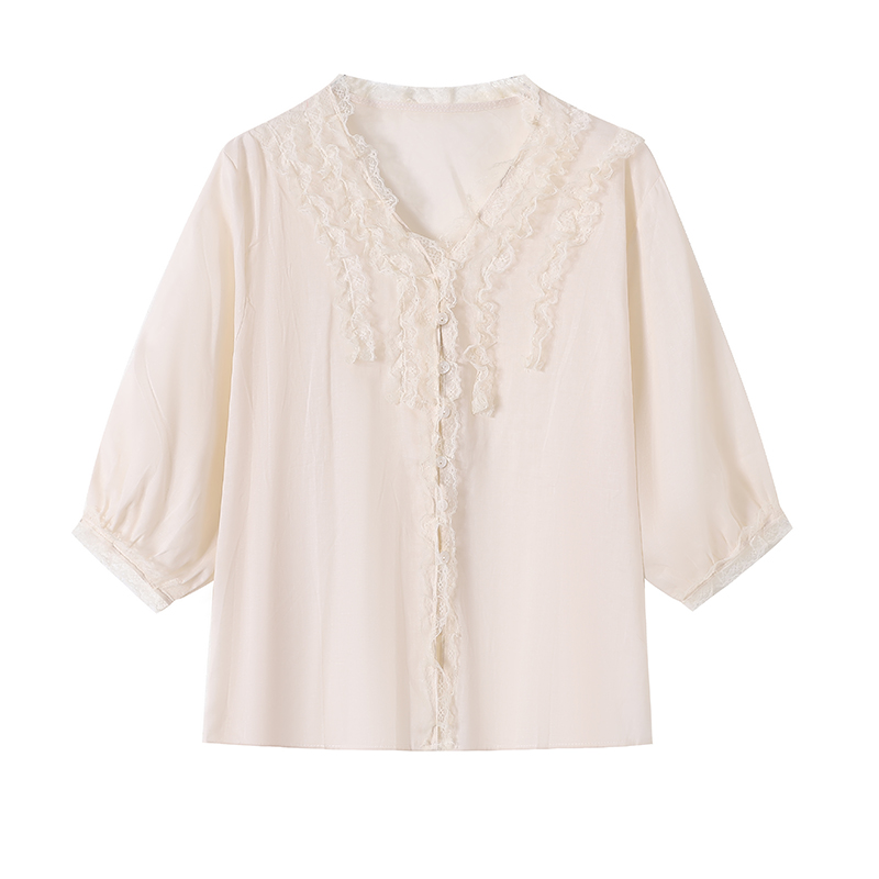 V-neck fungus summer small shirt long sleeve lace tops for women