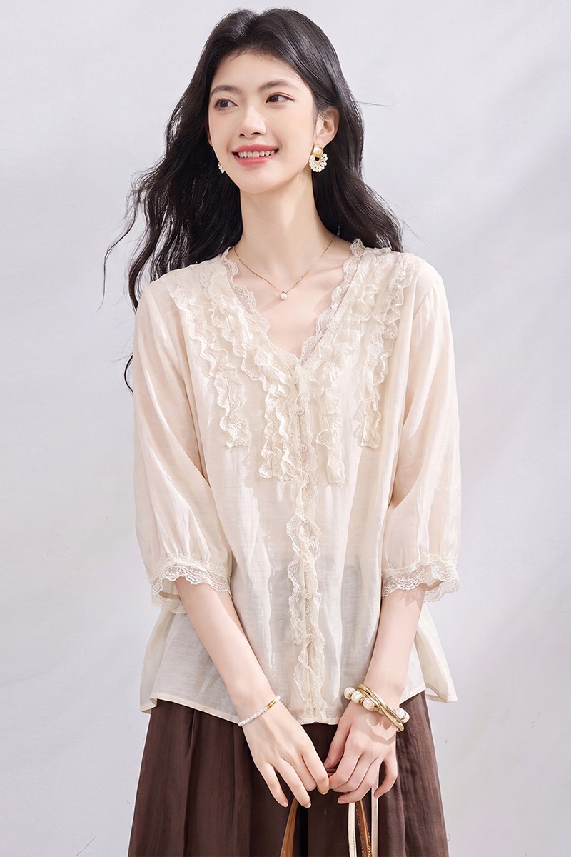V-neck fungus summer small shirt long sleeve lace tops for women