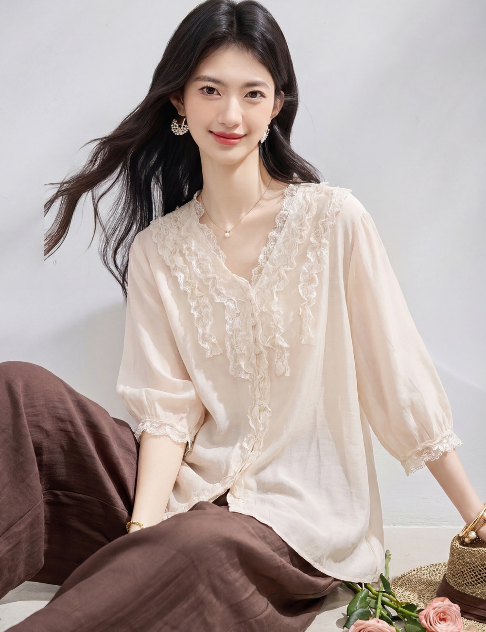 V-neck fungus summer small shirt long sleeve lace tops for women