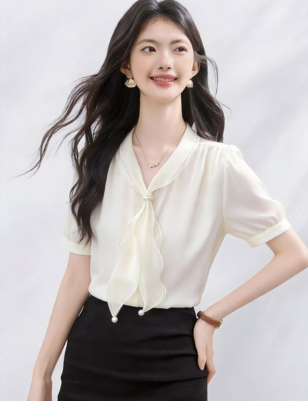All-match short sleeve tops satin frenum shirt for women