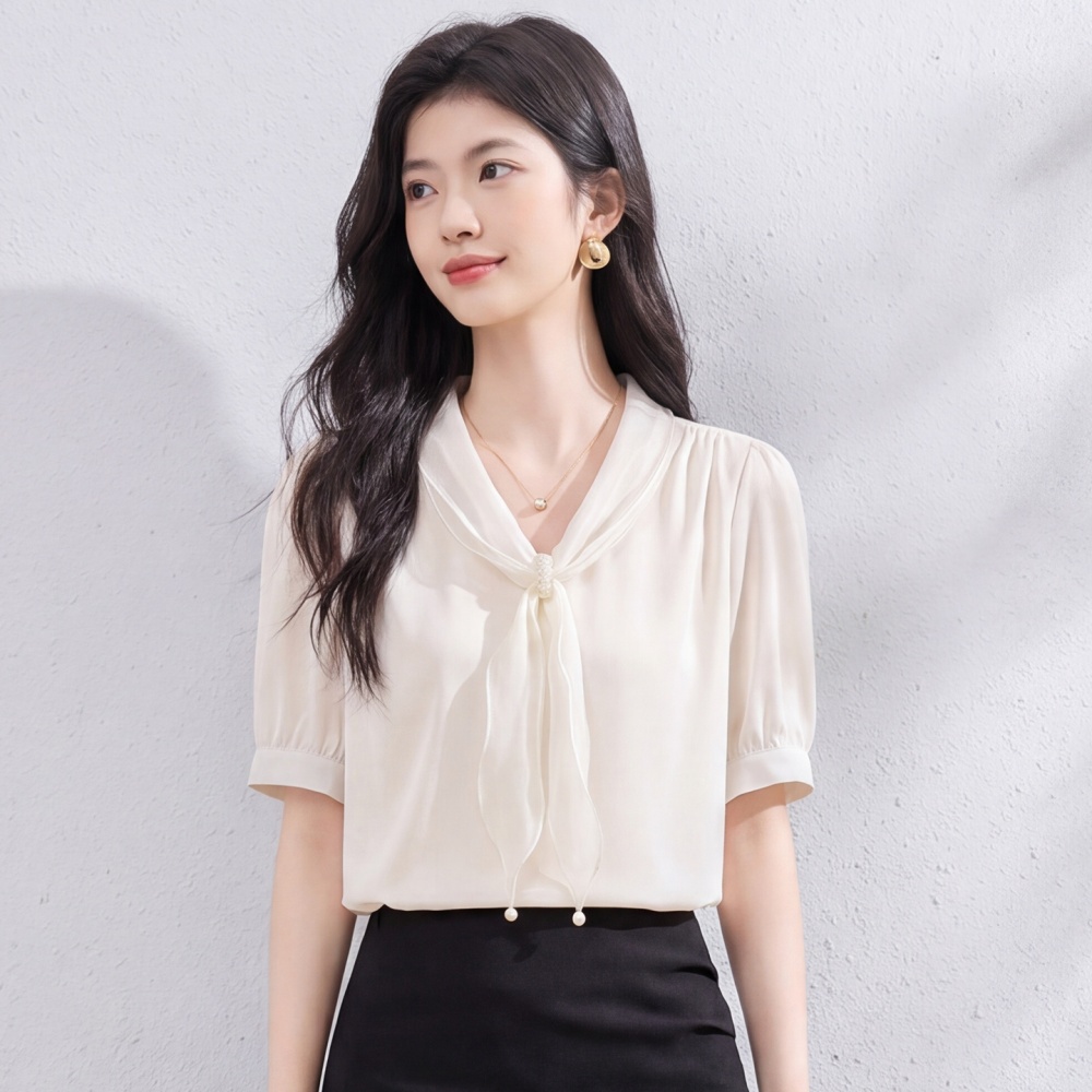 All-match short sleeve tops satin frenum shirt for women
