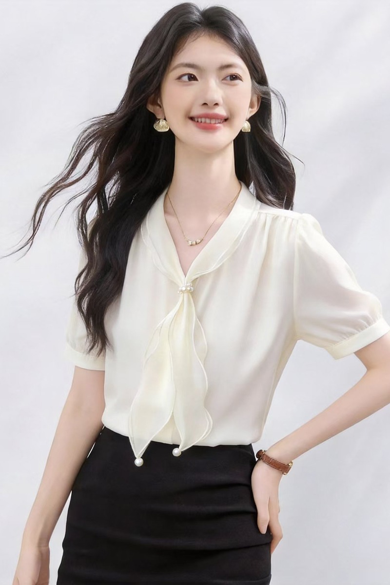 All-match short sleeve tops satin frenum shirt for women