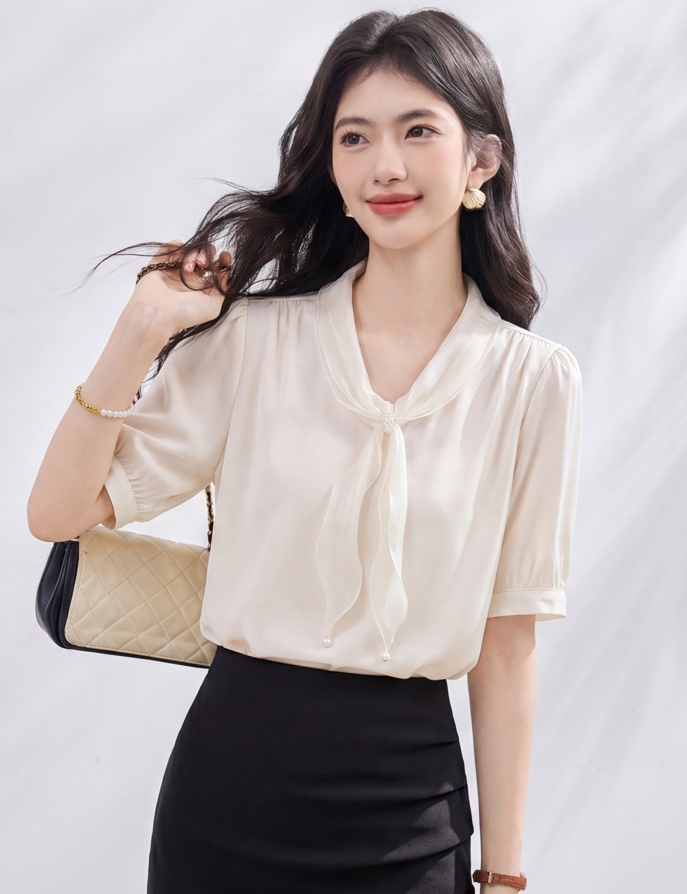 All-match short sleeve tops satin frenum shirt for women