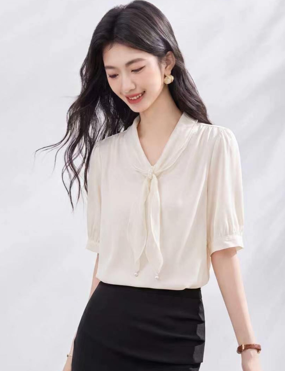 All-match short sleeve tops satin frenum shirt for women