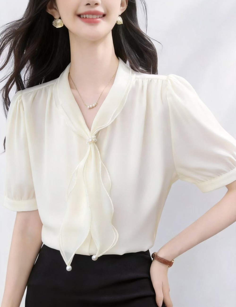 All-match short sleeve tops satin frenum shirt for women