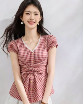 Plaid Korean style small shirt all-match tops for women