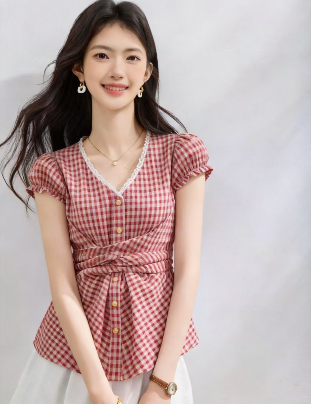 Plaid Korean style small shirt all-match tops for women