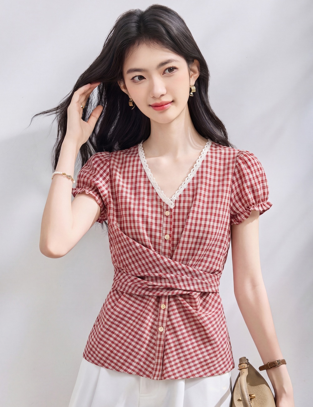 Plaid Korean style small shirt all-match tops for women