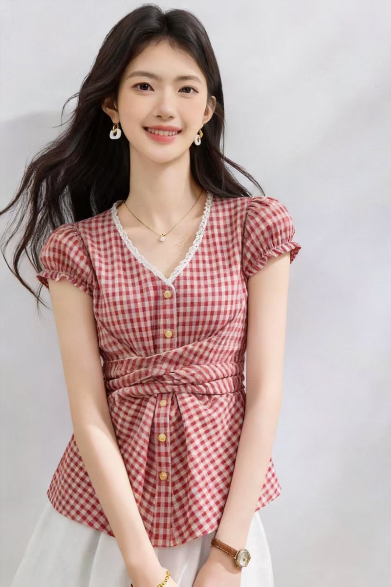 Plaid Korean style small shirt all-match tops for women