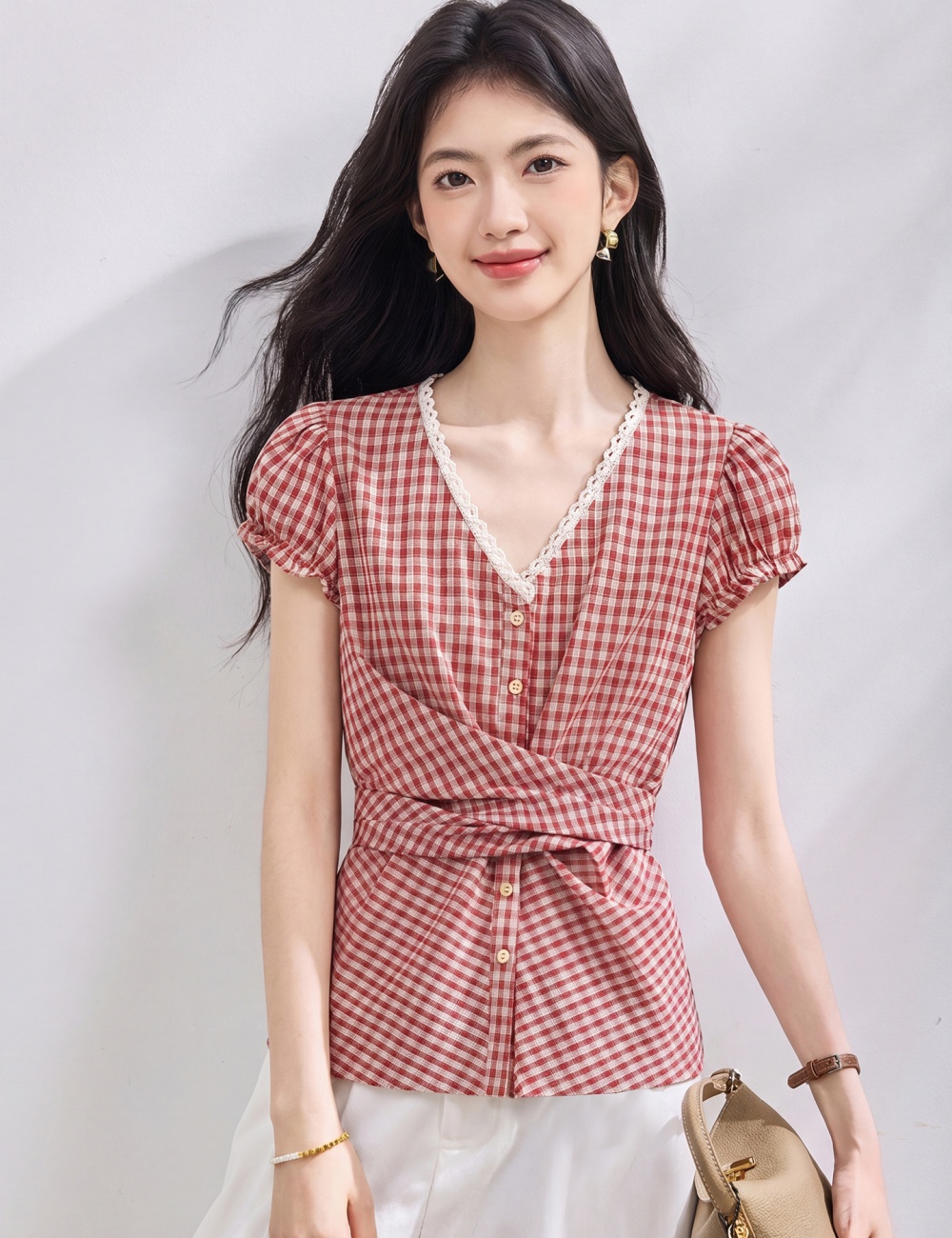 Plaid Korean style small shirt all-match tops for women