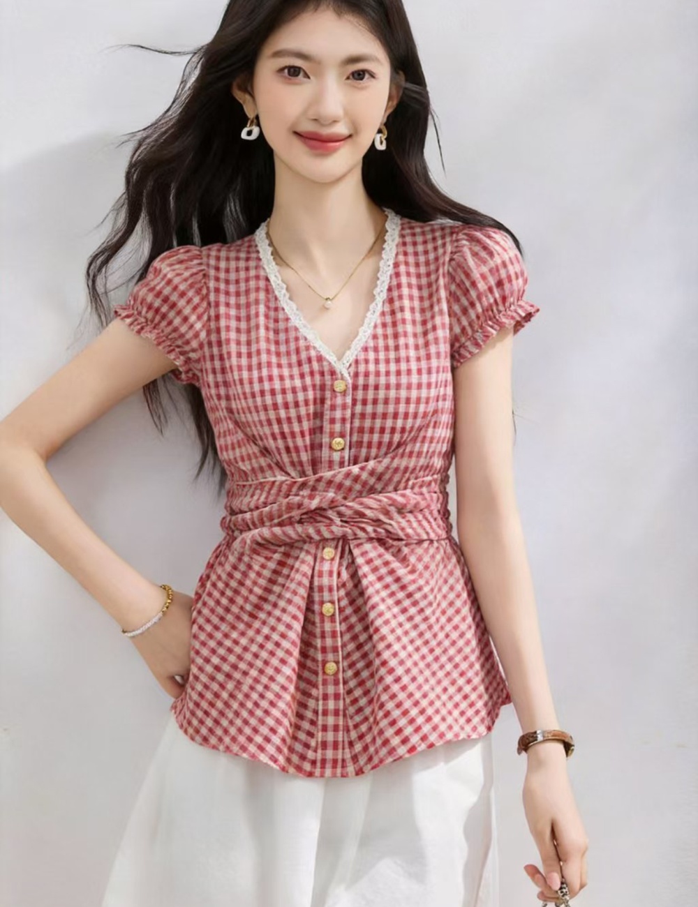 Plaid Korean style small shirt all-match tops for women