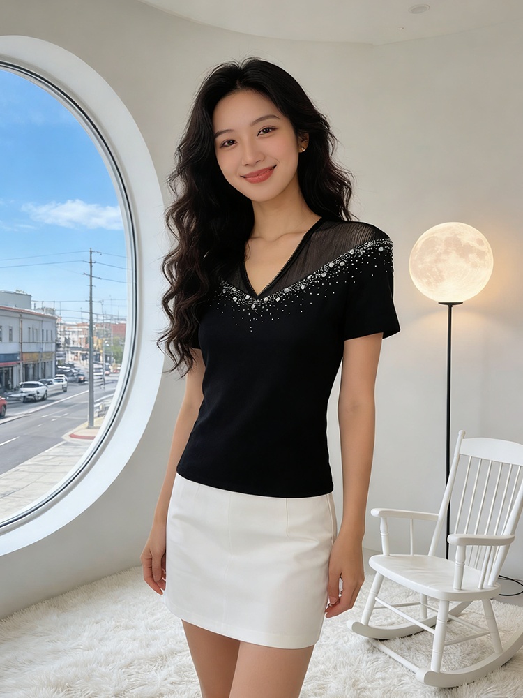 Summer rhinestone small shirt slim bottoming tops for women