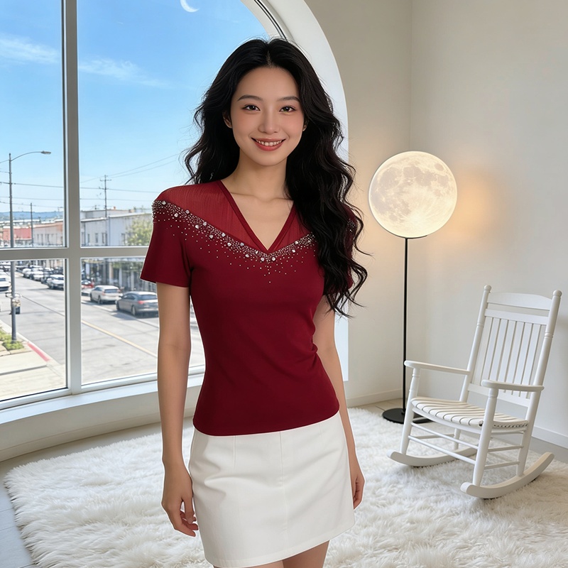 Summer rhinestone small shirt slim bottoming tops for women