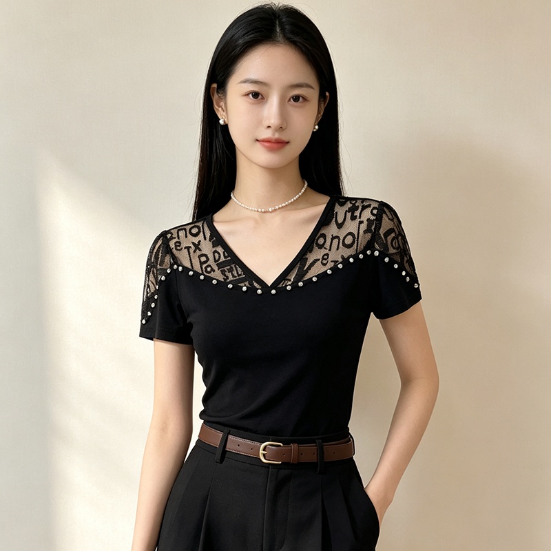Rhinestone T-shirt summer small shirt for women