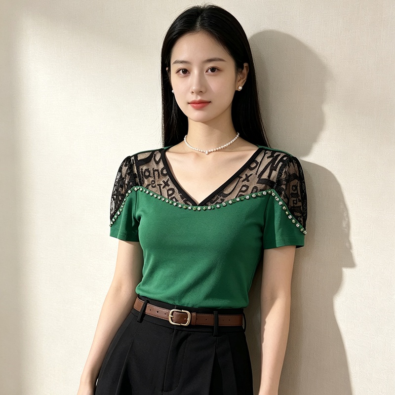 Rhinestone T-shirt summer small shirt for women