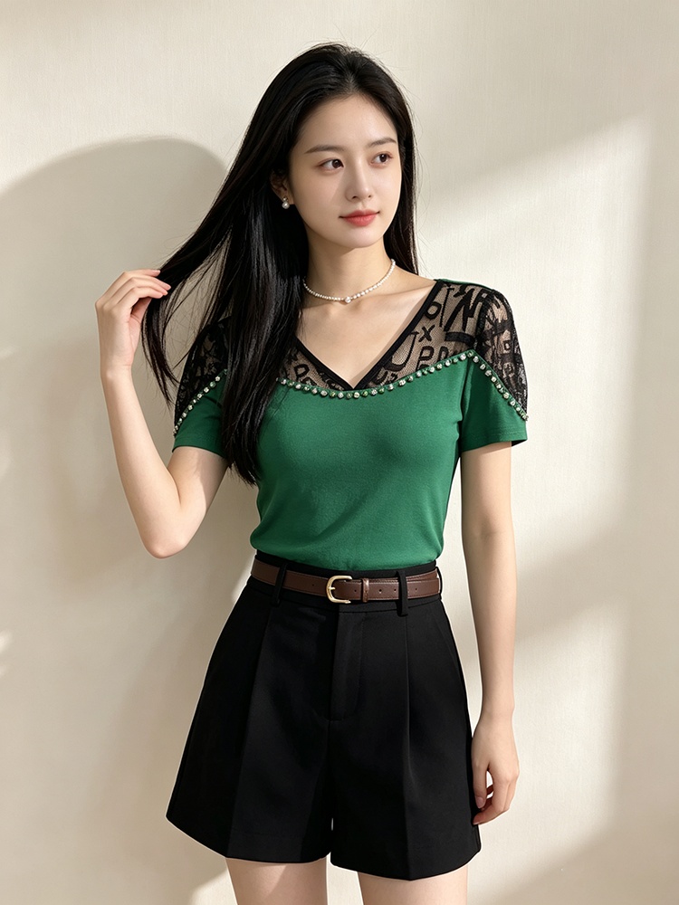 Rhinestone T-shirt summer small shirt for women