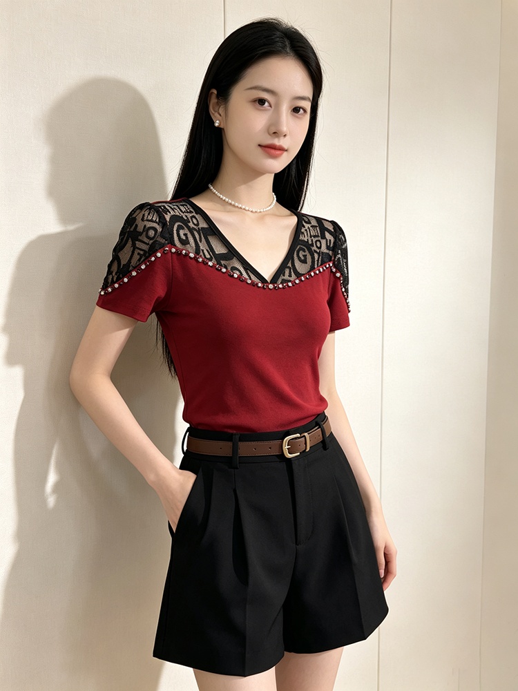 Rhinestone T-shirt summer small shirt for women