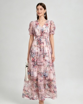 Printing France style V-neck temperament colors cake dress