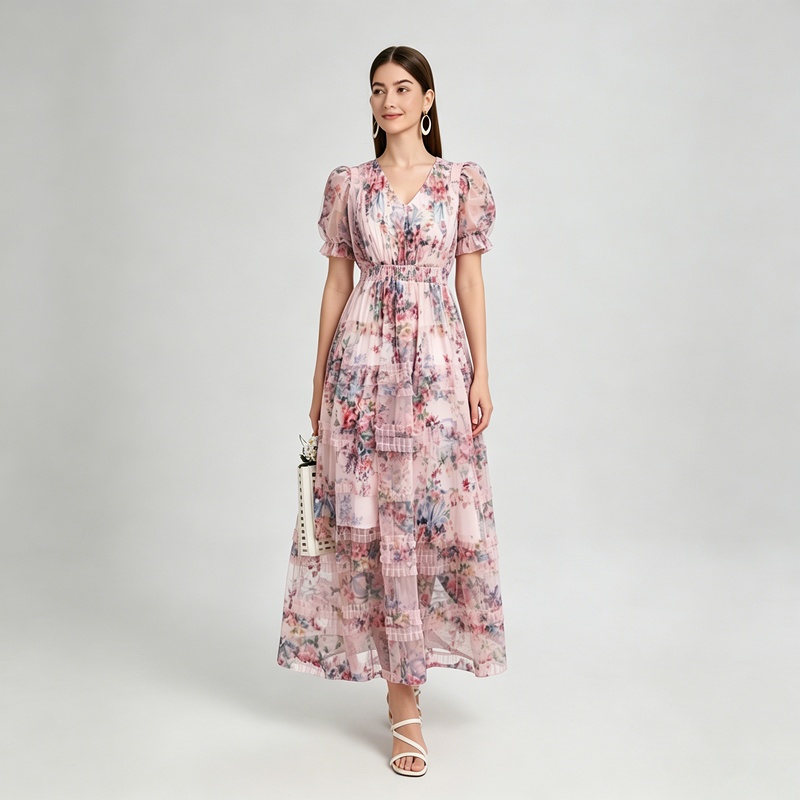 Printing France style V-neck temperament colors cake dress