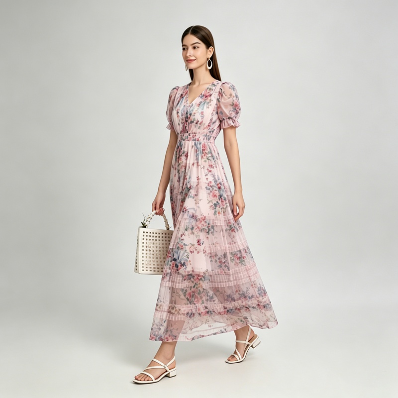 Printing France style V-neck temperament colors cake dress