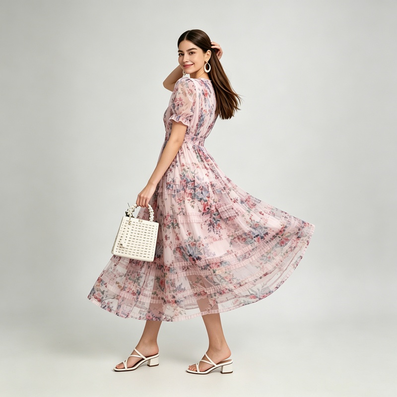 Printing France style V-neck temperament colors cake dress
