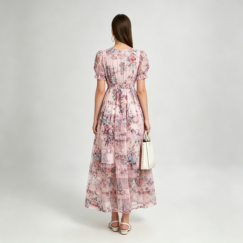 Printing France style V-neck temperament colors cake dress