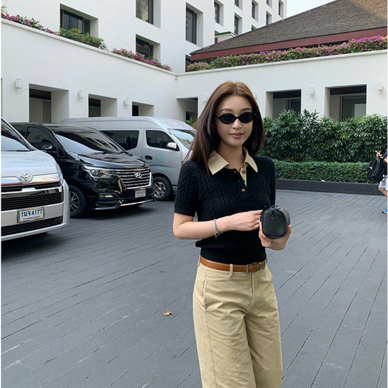 Twist knitted retro tops pullover slim T-shirt for women