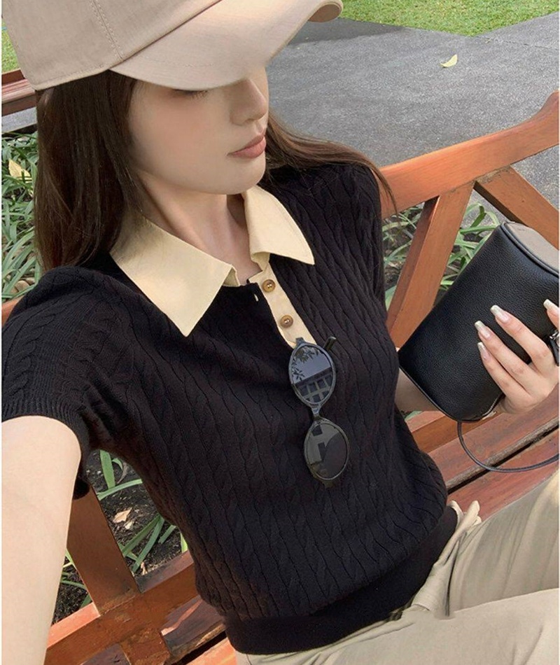 Twist knitted retro tops pullover slim T-shirt for women