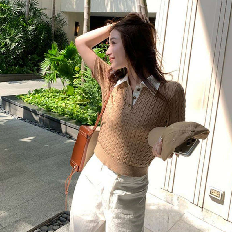 Twist knitted retro tops pullover slim T-shirt for women