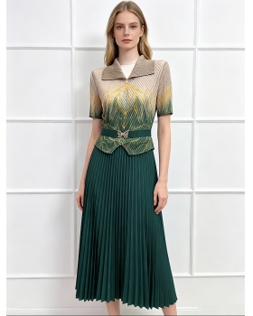 Pleated loose pinched waist dress printing fold slim long dress