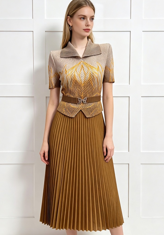 Pleated loose pinched waist dress printing fold slim long dress