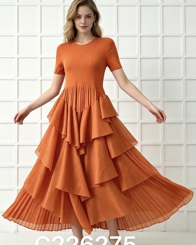 Seaside high waist fold round neck short sleeve dress