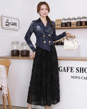 Lace fold elegant business suit pleated loose long dress