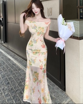 Pinched waist floral dress package hip vacation long dress
