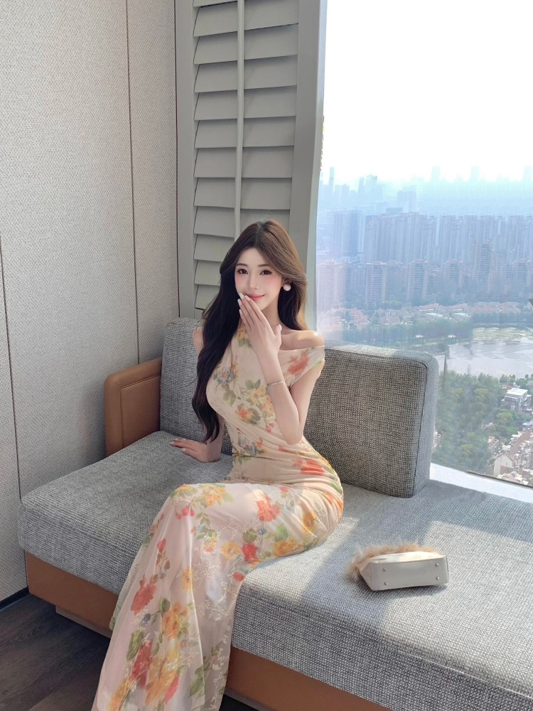 Pinched waist floral dress package hip vacation long dress