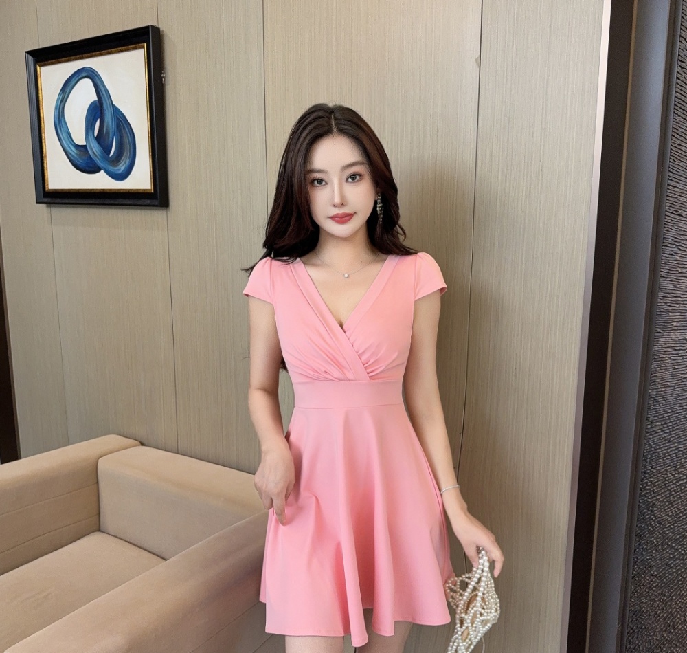 V-neck tight pinched waist short sleeve sexy low-cut dress