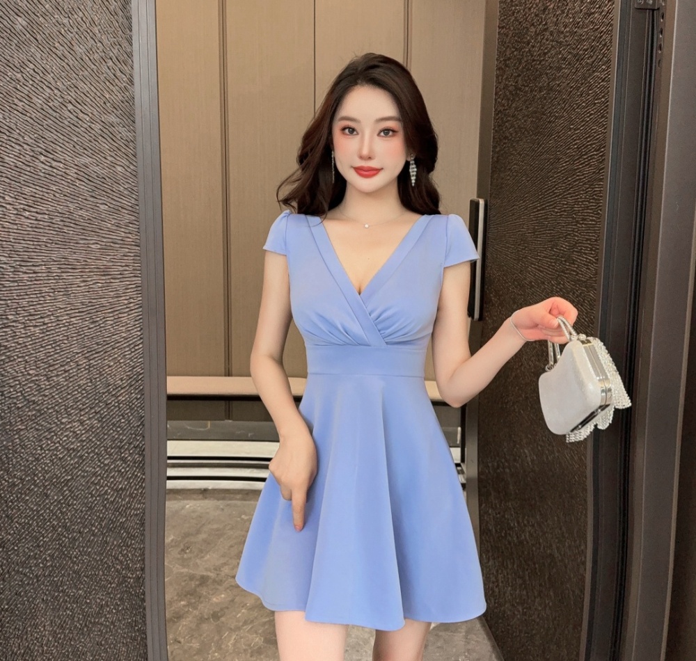 V-neck tight pinched waist short sleeve sexy low-cut dress