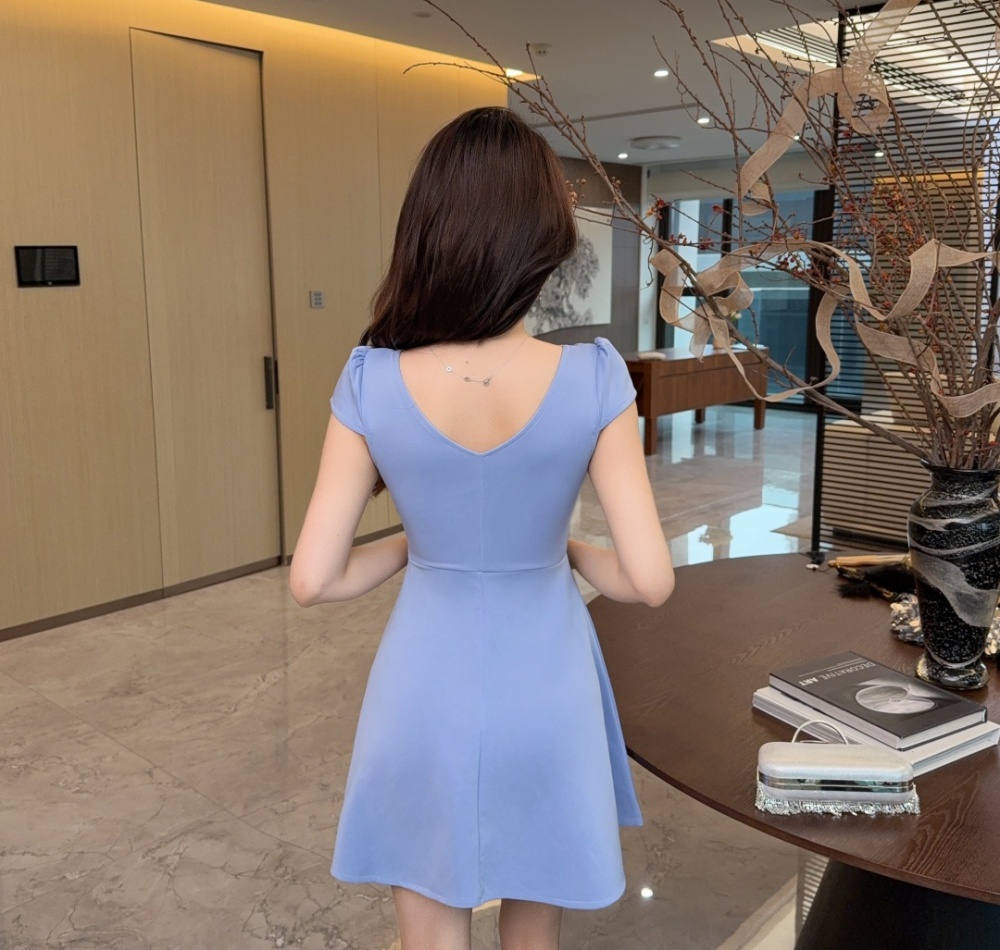 V-neck tight pinched waist short sleeve sexy low-cut dress