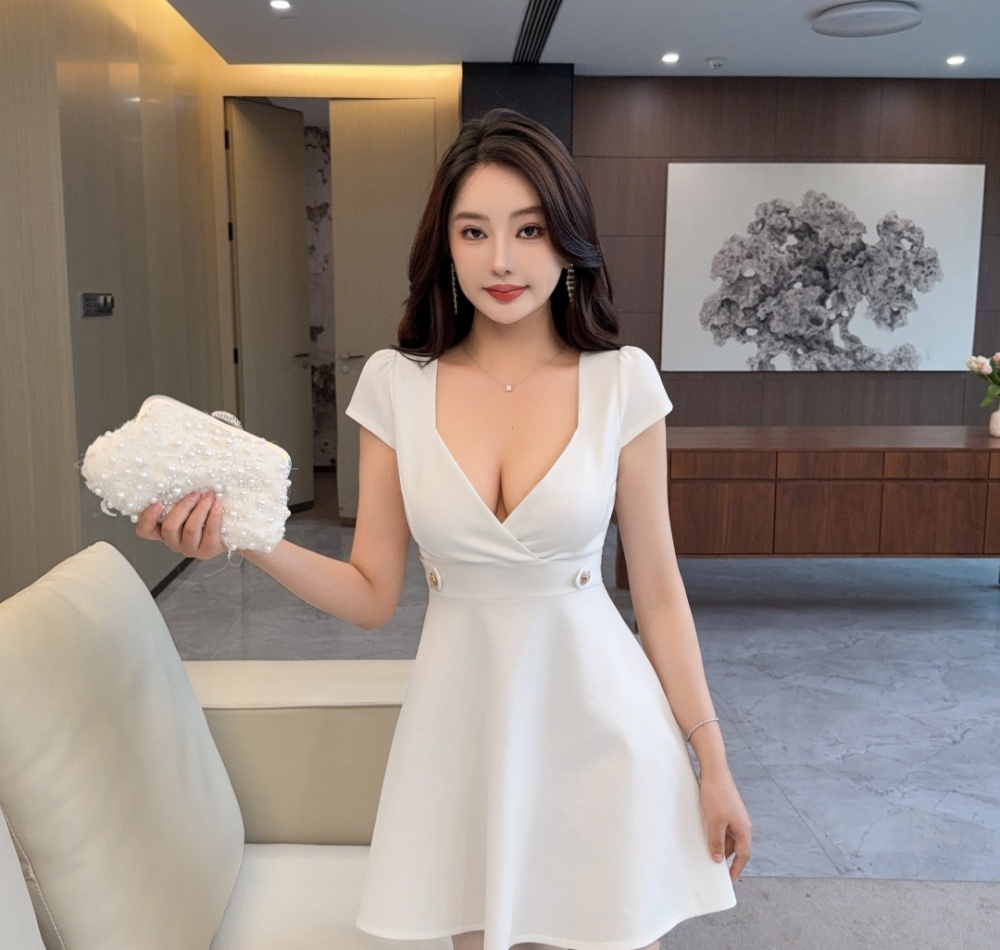 Tight pinched waist short sleeve low-cut dress