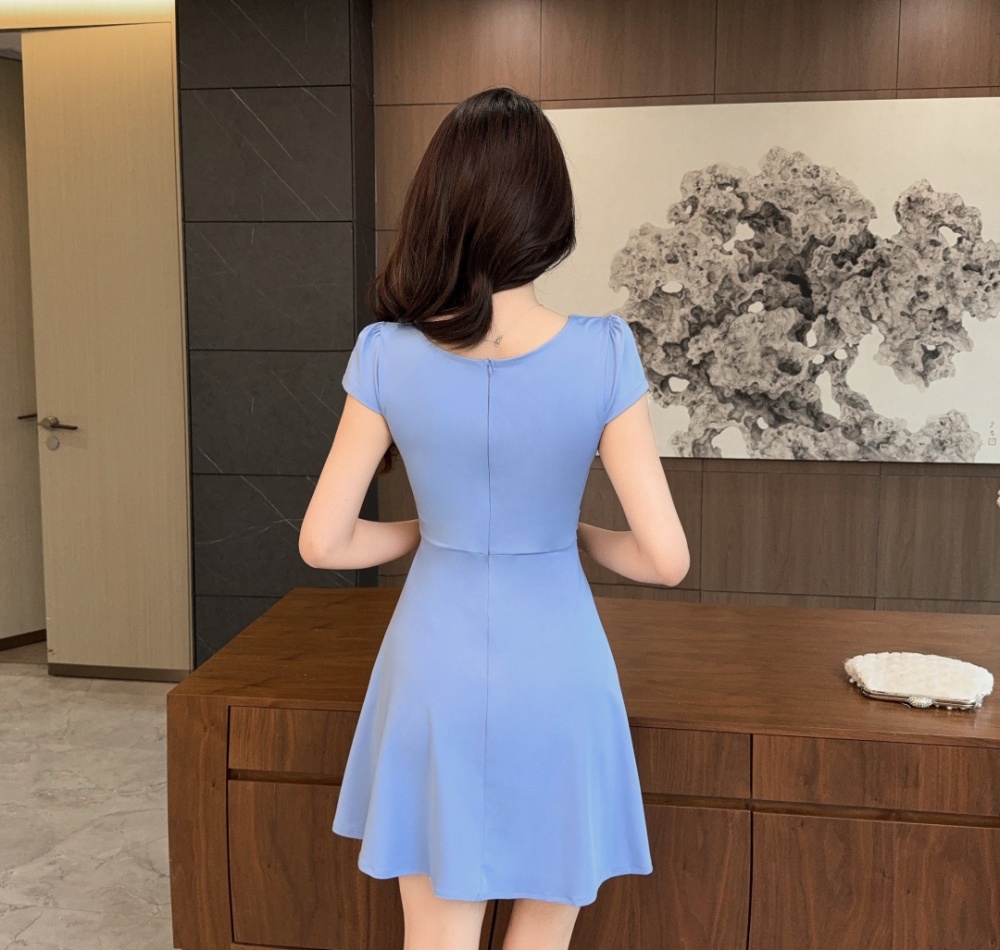 Tight pinched waist short sleeve low-cut dress