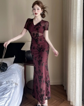 Black slim V-neck show high unique dress