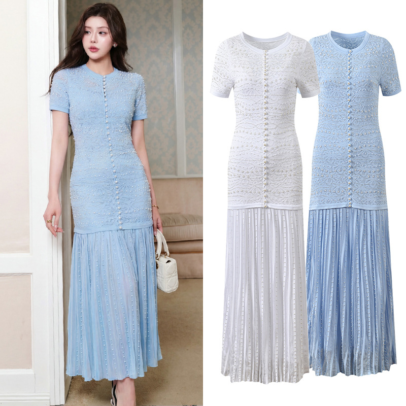 Pleated strap dress slim dress 2pcs set