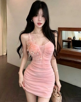 Fold gauze slim T-back package hip hollow sling dress